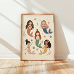 Five hand-drawn pastel mermaids among starfish, shells and seaweed – hand-drawn nursery print by Little Lemons Art