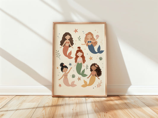 Sea Sisters — Pastel Mermaid Friends Nursery Print